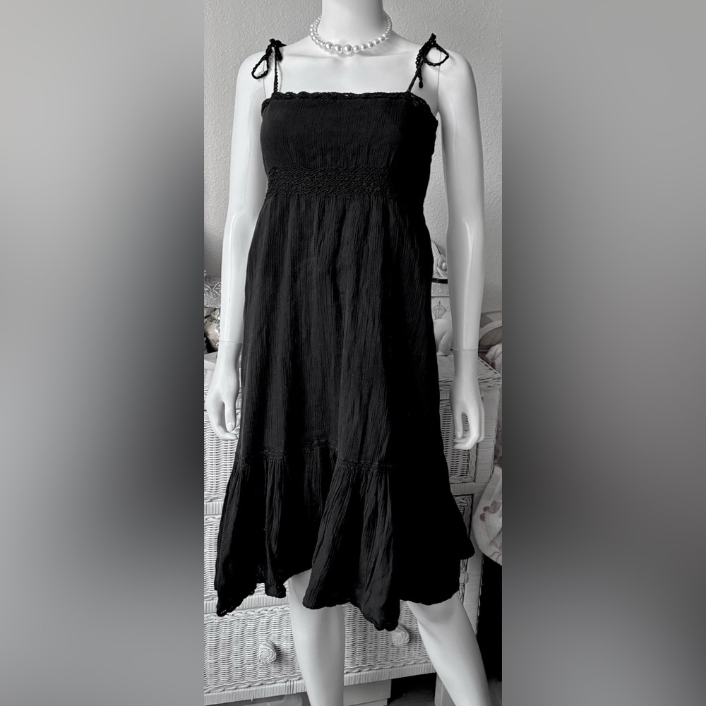 Noa Noa Midi Dress Cotton Gauze Ruffled Low Cut Crochet Details in black Size XS